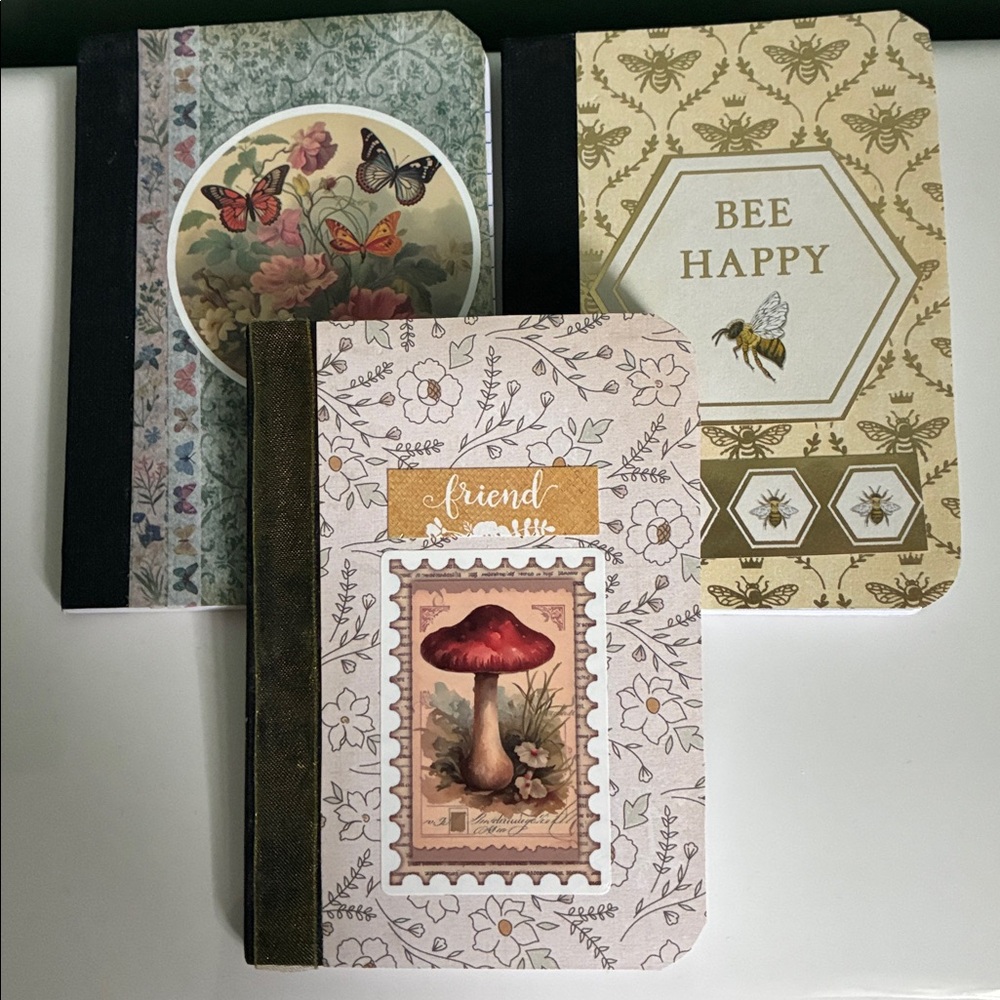 Altered Mini Notebook Set Bee Happy, Floral, and Mushroom Designs